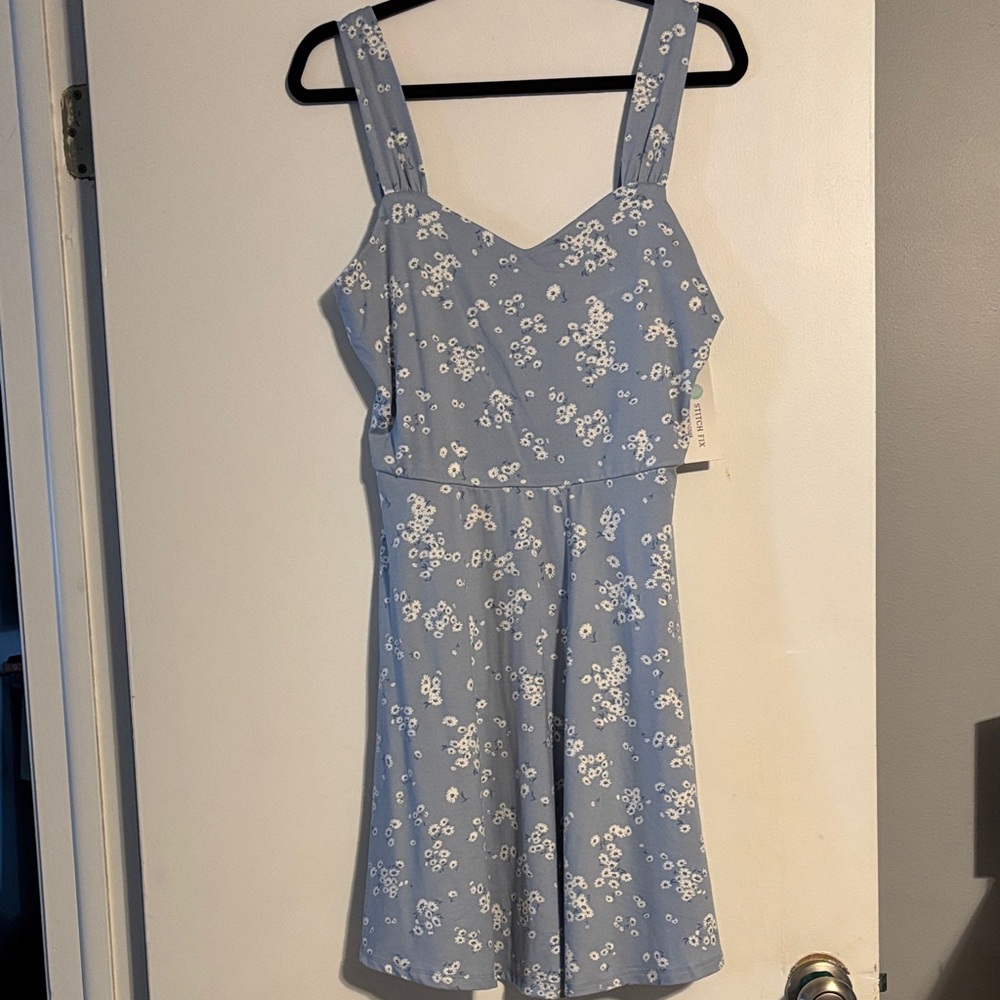 French Grey Light Blue Floral Mini Dress